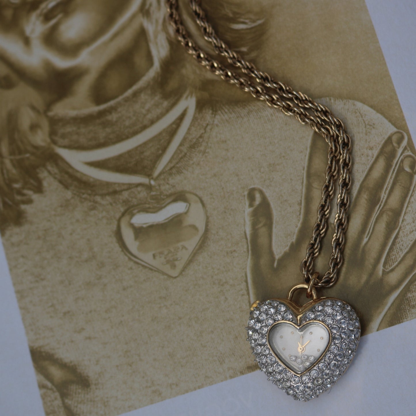 Gold-Tone Rhinestone Heart Watch Pendant Necklace