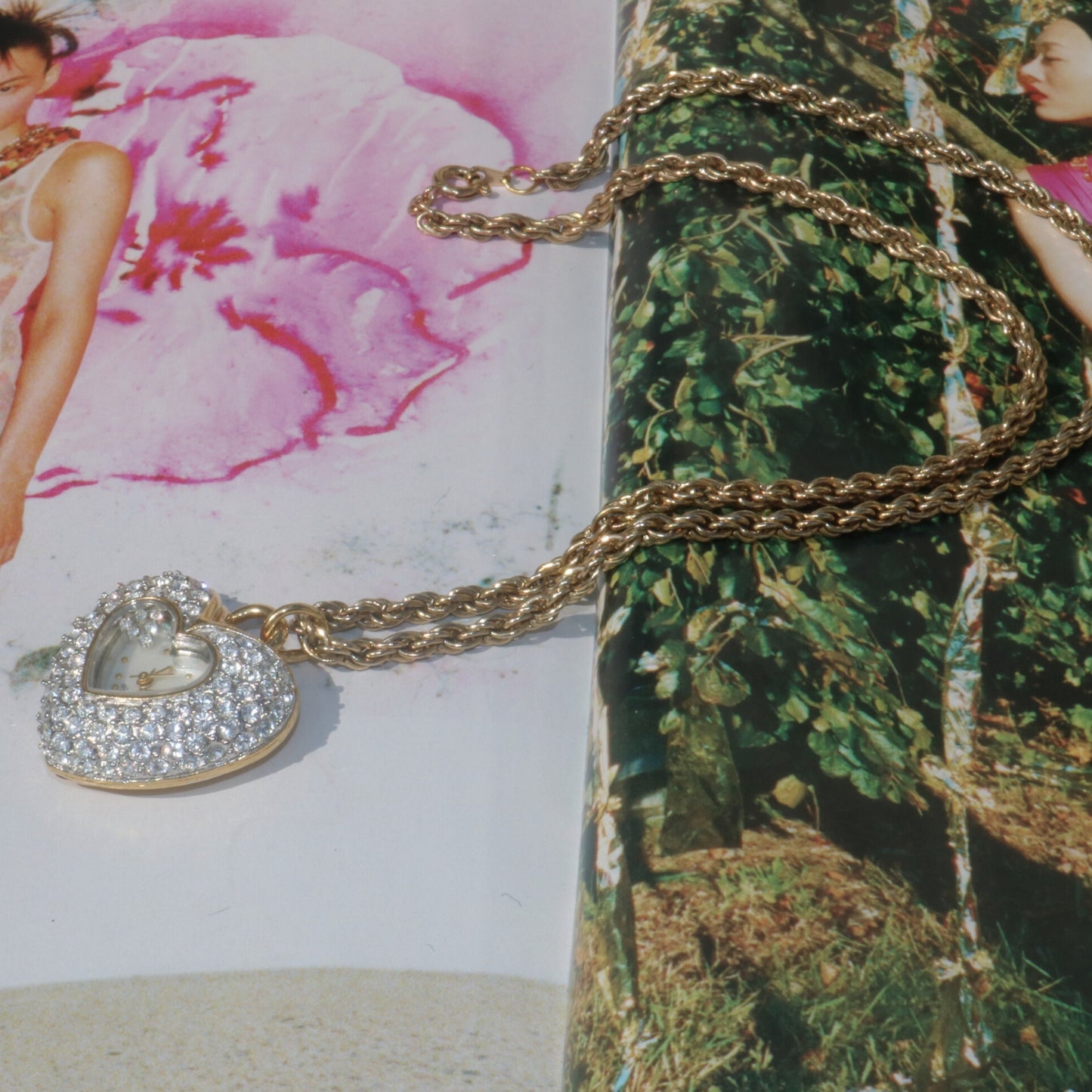 Gold-Tone Rhinestone Heart Watch Pendant Necklace