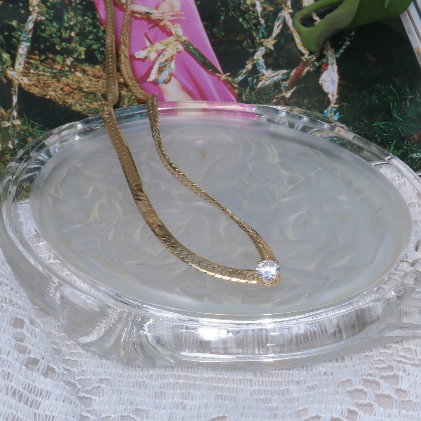 Gold-Tone V-Shaped Necklace with Solitaire Accent