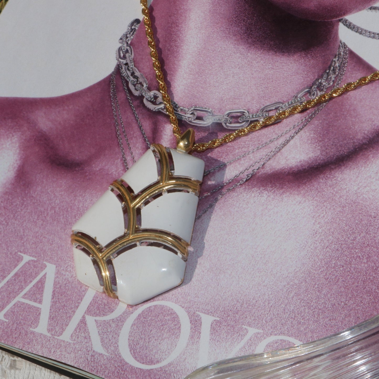 Gold-Tone White Enamel Geometric Pendant Necklace
