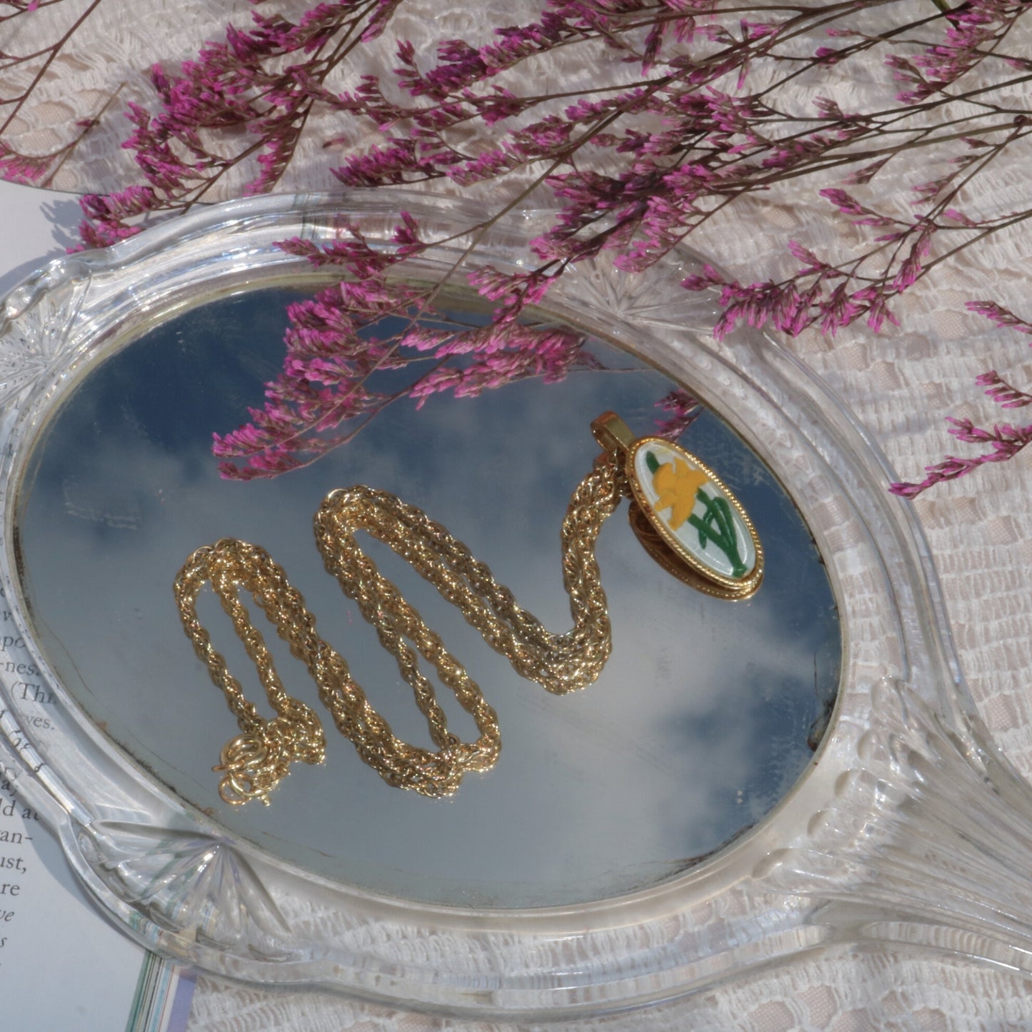 Gold-Tone Floral China Pendant Necklace