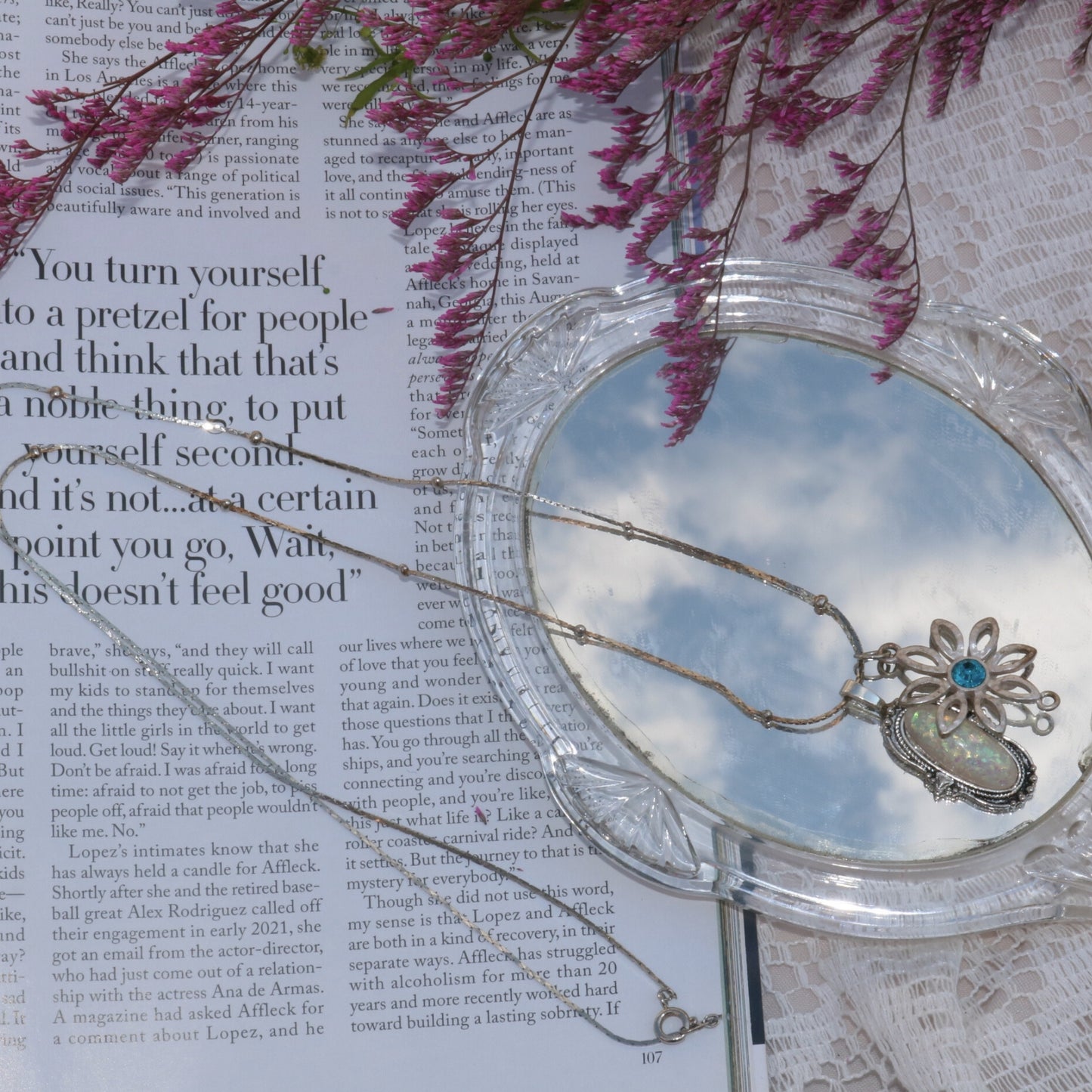 Upcycled Silver-Tone Flower & Opalescent Pendant Necklace