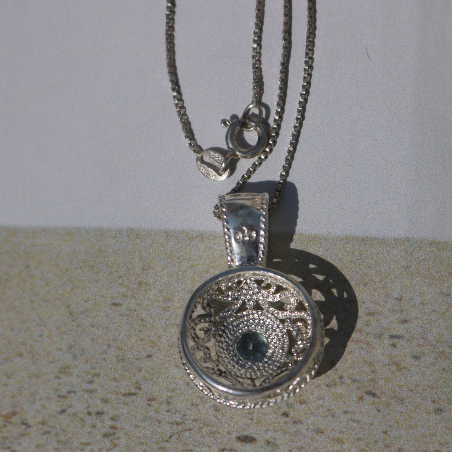 Sterling Silver Filigree Pendant Necklace with Blue Topaz (925)